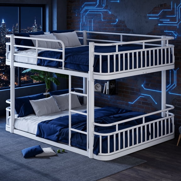 Queen Over Queen Bunk Bed with Ladders & Guardrails, Upgraded Round-Pipe Metal Frame, 550 lbs Capacity, No Box Spring, White