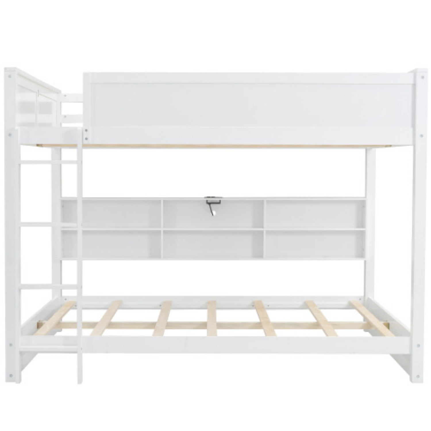Queen Over Queen Bunk Bed with Storage Cabinets & USB Ports, Solid Wood Loft Bed with Guardrails, Space Saving Bed for Bedroom, Antique White