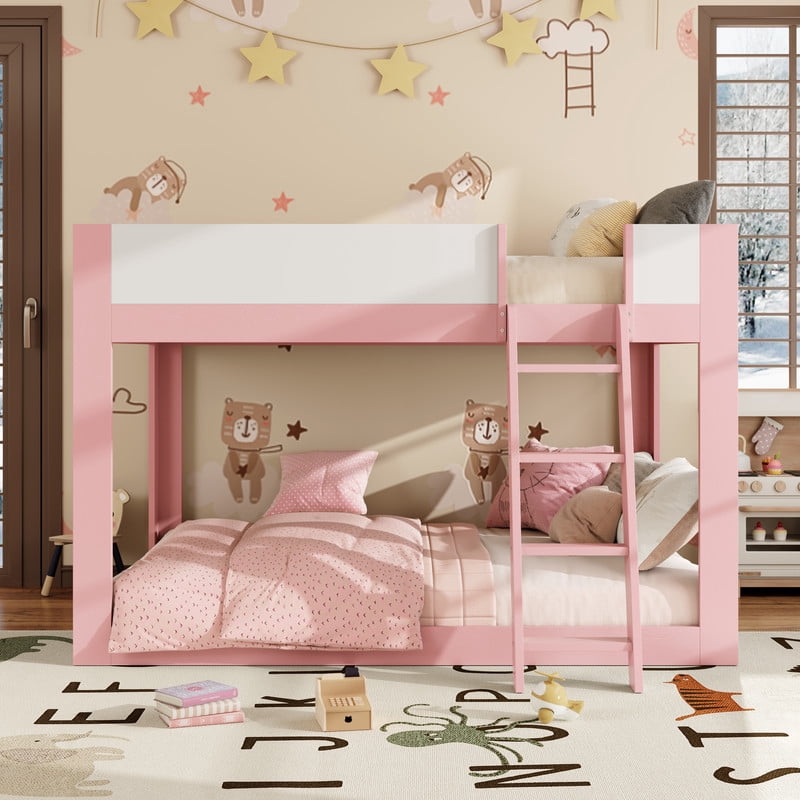 Queen-Over-Queen Low-Profile Bunk Bed with Guardrails, Wooden Kids Bed with Reversible Ladder, Accent Two-Tone Bed Frame