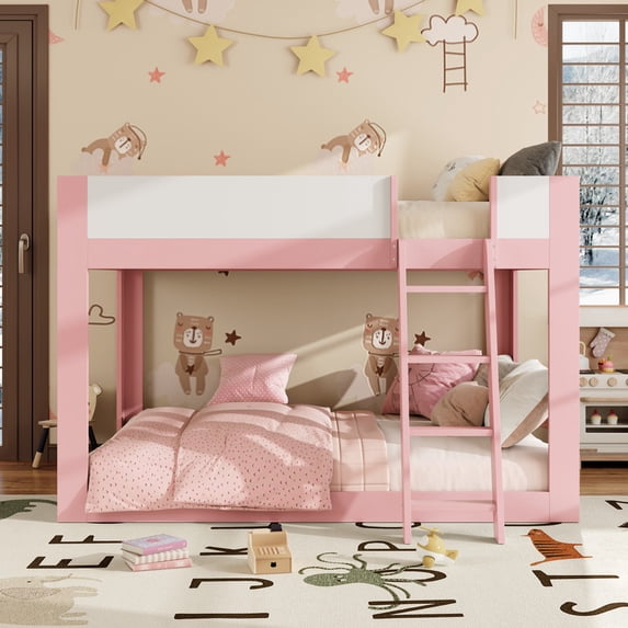Queen-Over-Queen Low-Profile Bunk Bed with Guardrails, Wooden Kids Bed with Reversible Ladder, Accent Two-Tone Bed Frame