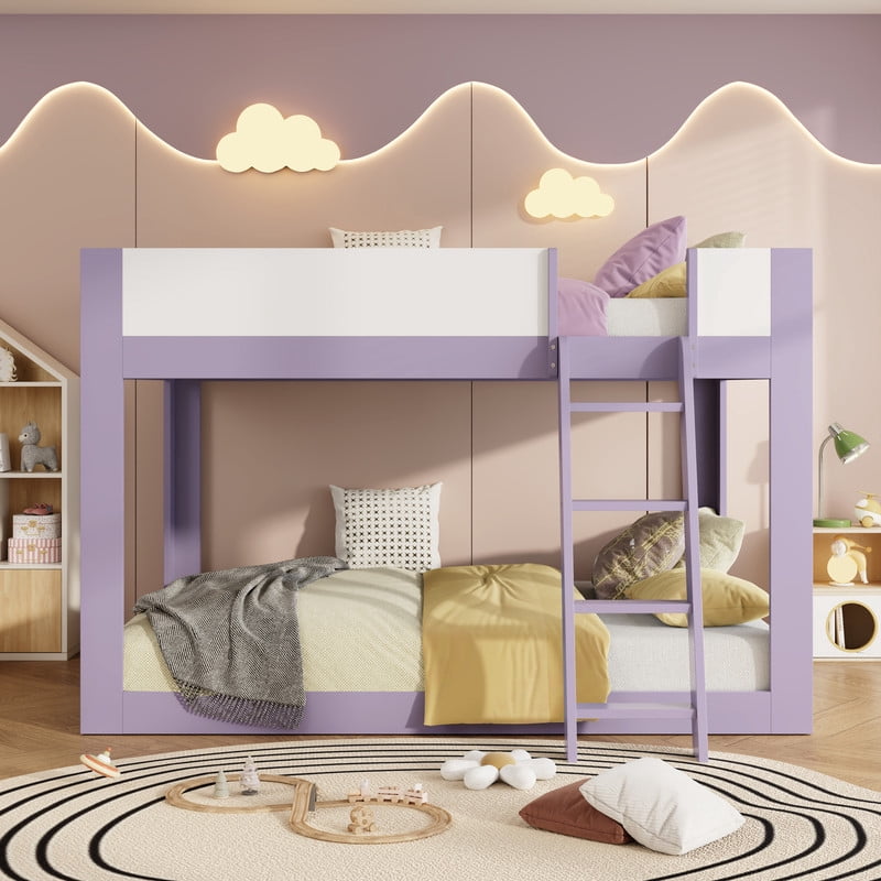 Queen-Over-Queen Low-Profile Bunk Bed with Guardrails, Wooden Kids Bed with Reversible Ladder, Accent Two-Tone Bed Frame