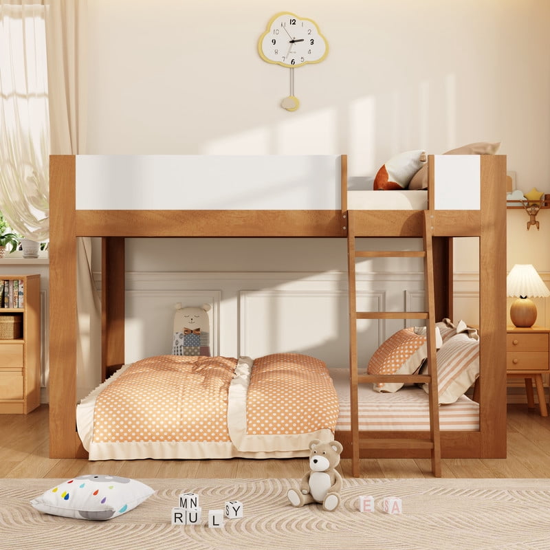 Queen-Over-Queen Low-Profile Bunk Bed with Guardrails, Wooden Kids Bed with Reversible Ladder, Accent Two-Tone Bed Frame
