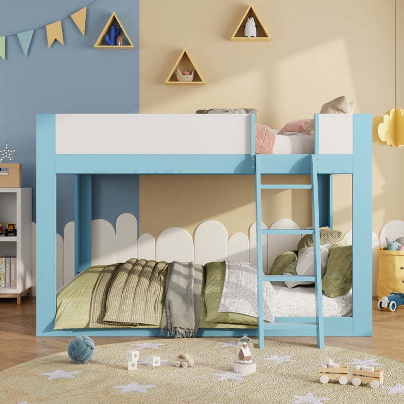 Queen-Over-Queen Low-Profile Bunk Bed with Guardrails, Wooden Kids Bed with Reversible Ladder, Accent Two-Tone Bed Frame