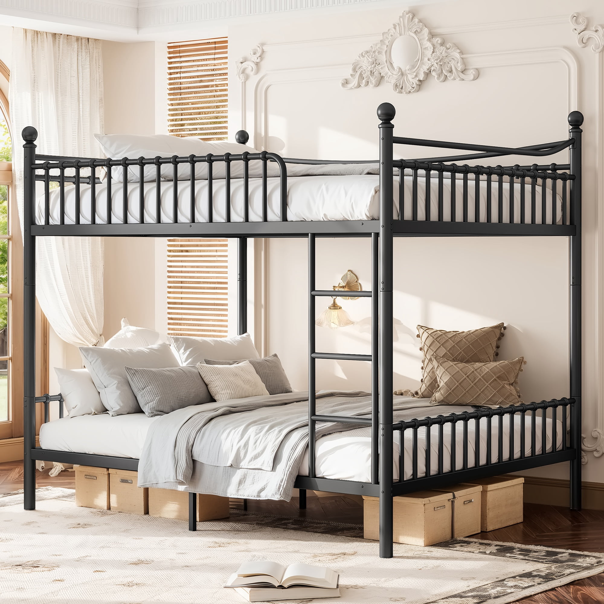 Queen Over Queen Metal Bunk Bed 87.8 Inch, Curved Guardrail Round Tube Frame for Kids Teens Adults, No Box Spring Needed, Black