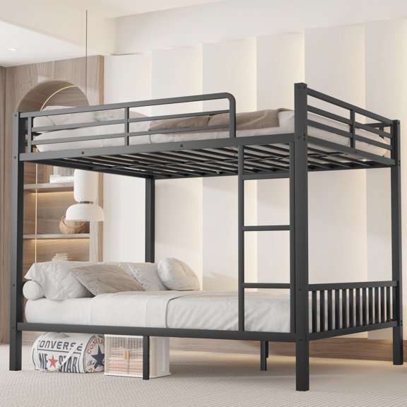 Queen Over Queen Metal Bunk Bed – Extra Sturdy Heavy-Duty Frame with Guardrails, Built-in Ladder & Noise-Free Slats for Adults & Teens