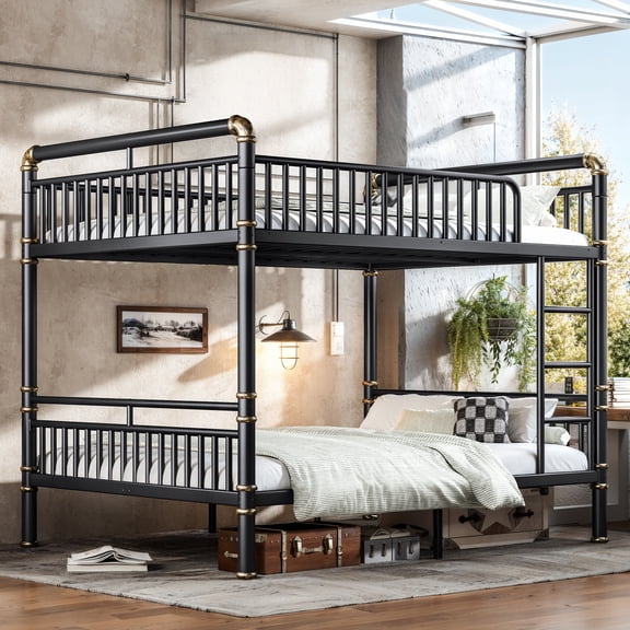 Queen-Over-Queen Size Industrial Design Kids Bunk Bed with Built-In Ladder & Guardrails, Round-Pipe Metal Teens Bed Frame