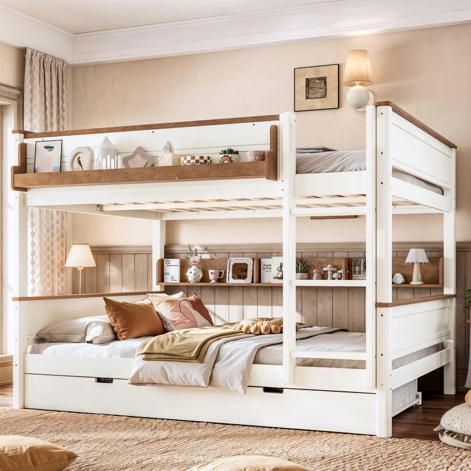 Queen-Over-Queen Wooden Bunk Bed Frame with Trundle, Detachable Bed Convertible Into 2 Platform Beds, Kids Storage Bed with Shelf