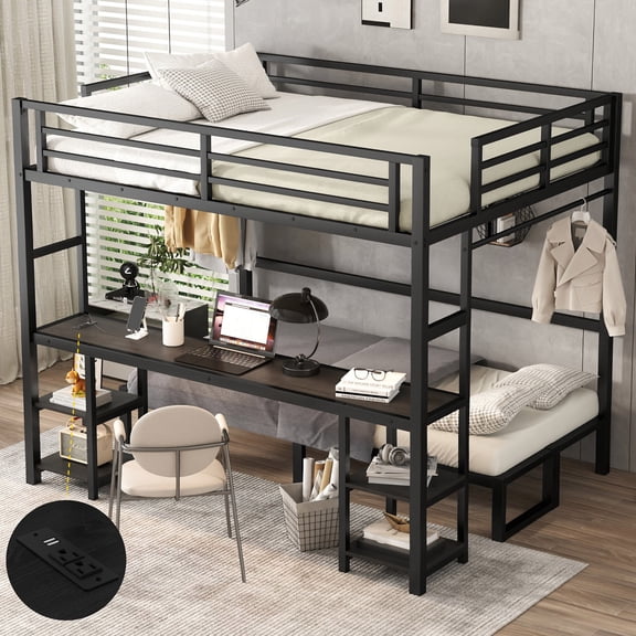 Queen Over Twin XL Bunk Bed with Convertible Sofa, Desk, LED Light & USB Charging Space-Saving Design