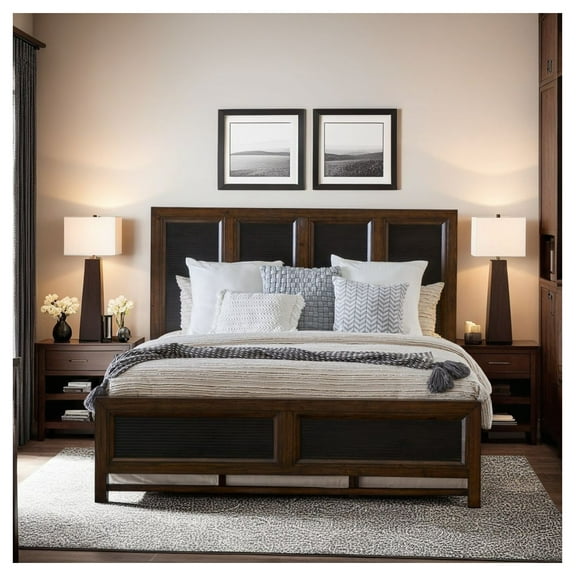Queen Panel Bed, Two-Tone Brown Finish, Box Spring Required