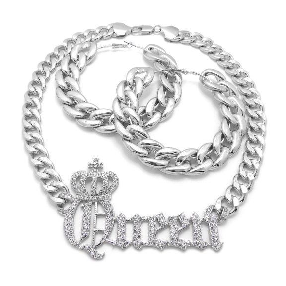 Queen Pendant Cuban Chain Necklace Pincatch Earrings Set, Chain Link Style, Silver-Tone