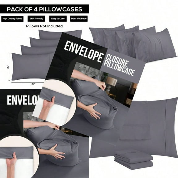 Queen Pillow Cases 4 Pack Envelope Closure Soft Brushed Microfiber Fabric Shrinkage and Fade Resistant Pillow Covers Queen Size 20 X 30 Inches Queen Grey
