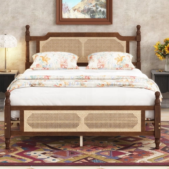 Queen Pine Bed adorned with Rattan Headboard & Footboard, Central Enhanced Bed, Walnut Tone