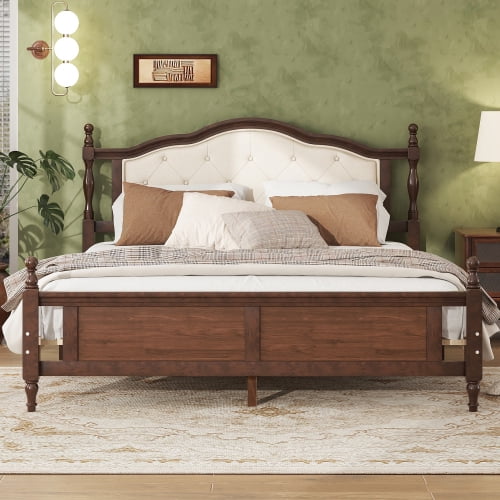 Queen Pine wooden Bed with Upholstered Headboard and Panel Footboard, with Two Bed Rail Support Feet and Central Platform Support Feet ,Walnut