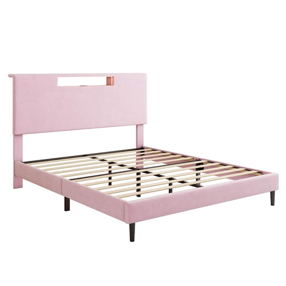 Queen Pink Bed Frame with Headboard Charging Station LED Light Remote Control Easy Assembly Flannel Wood Slat Support-Christmas decorations