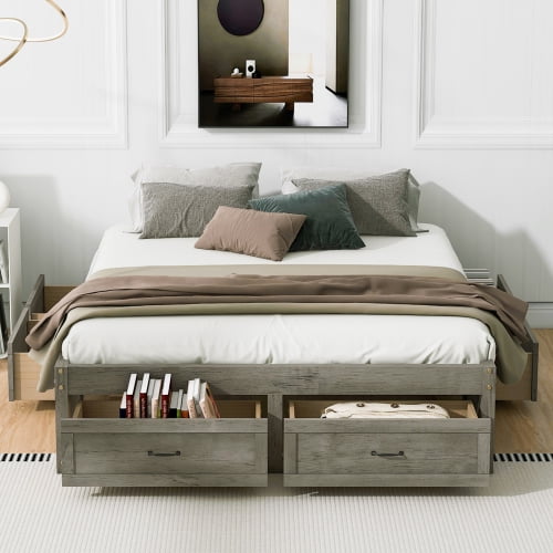 Queen Platform Bed with 6 Storage Drawers, No Headboard Design, Modern Low-Profile Bed with Wood Slats, Ample Under-Bed Drawers, No Box Spring Needed,Antique Gray