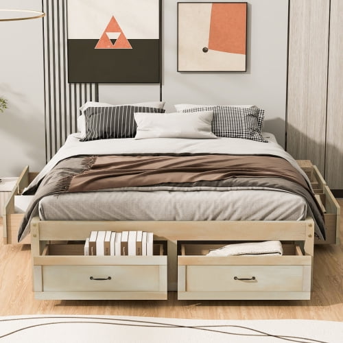 Queen Platform Bed with 6 Storage Drawers, No Headboard Design, Modern Low-Profile Bed with Wood Slats, Ample Under-Bed Drawers, No Box Spring Needed, Antique Natural
