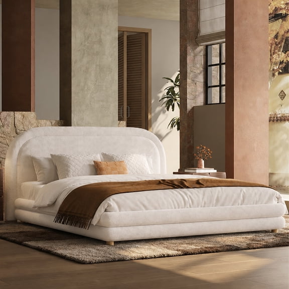 Queen Platform Bed Cloud Puffy Headboard, White Boucle Fabric, Solid Wood Slat System, Quick Assembly, Noise-Reducing Pads