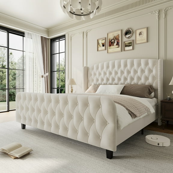 Queen Platform Bed with Deep Button Tufted Suede Wingback Headboard & Footboard, 51" Tall – Nailhead Trim, Sturdy Wood Slats, Noise-Free, No Box Spring Required, Easy Assembly, Beige