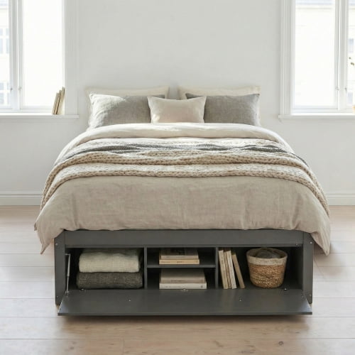 Queen Platform Bed Frame with 4 Storage Drawers, Hydraulic Lift Footboard Storage, No Headboard, Modern Space-Saving Bed with Wood Slats, No Box Spring Needed, Antique Gray