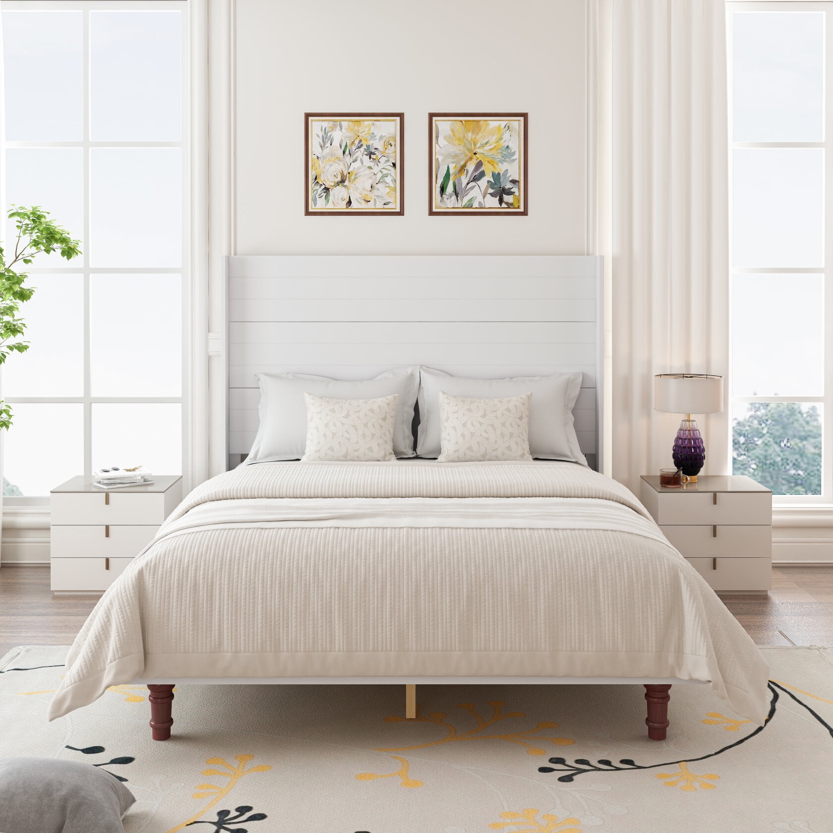 Queen Platform Bed Frame, 54" High Headboard Bed Tall Upholstered Bed ...