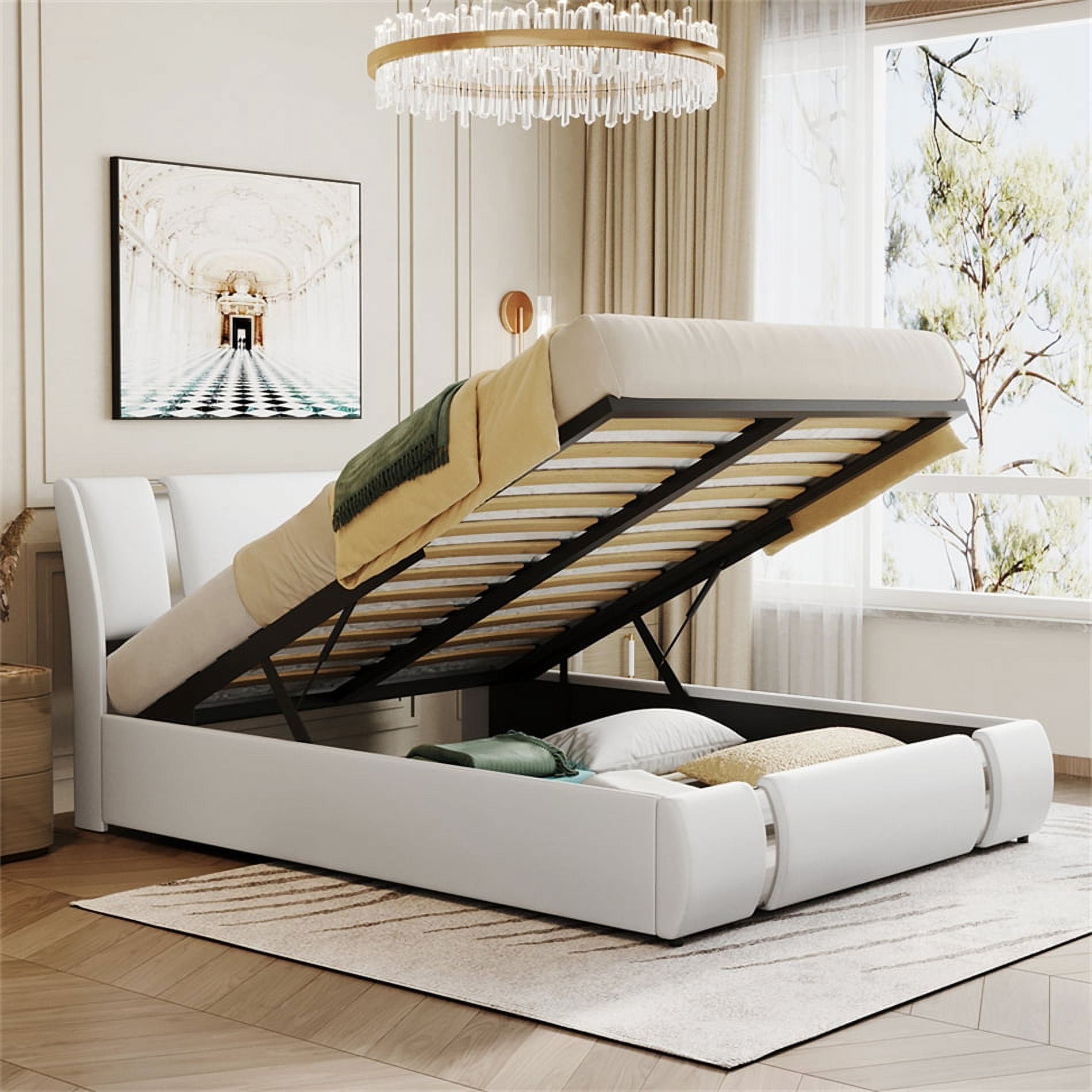 Queen Platform Bed Frame, Faux Leather Upholstered Bed with Hydraulic ...