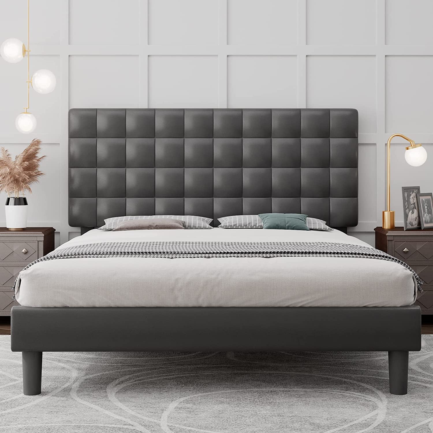 Queen Platform Bed Frame Faux Leather Upholstered Bed Frame with Square