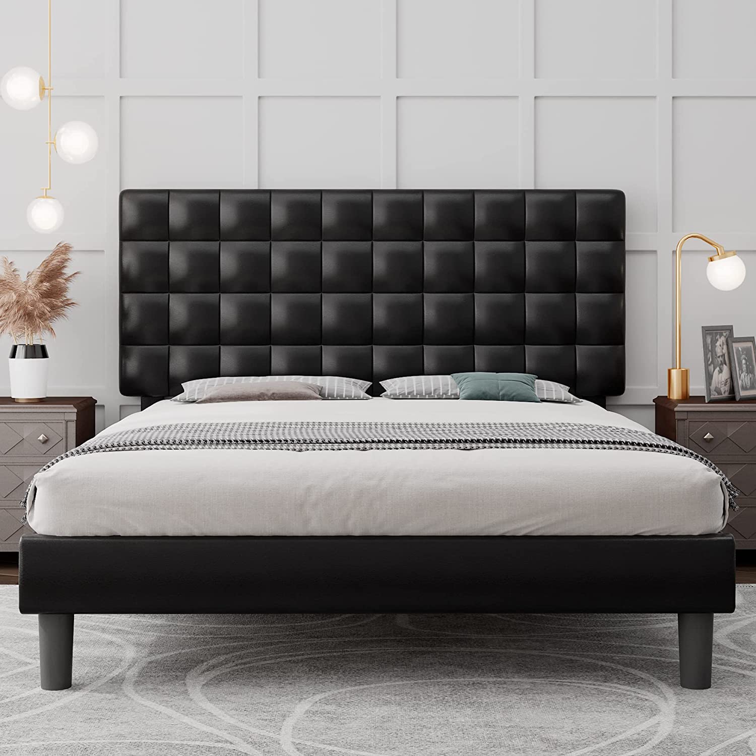 Queen Platform Bed Frame Faux Leather Upholstered Bed Frame with Square ...