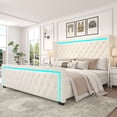 thumbnail image 1 of Queen Platform Bed Frame with High Headboard, Velvet Upholstery, Deep Tufted Buttons, Adjustable LED Light, Wide Wingbacks Bed,No Box Spring Needed,Beige, 1 of 8