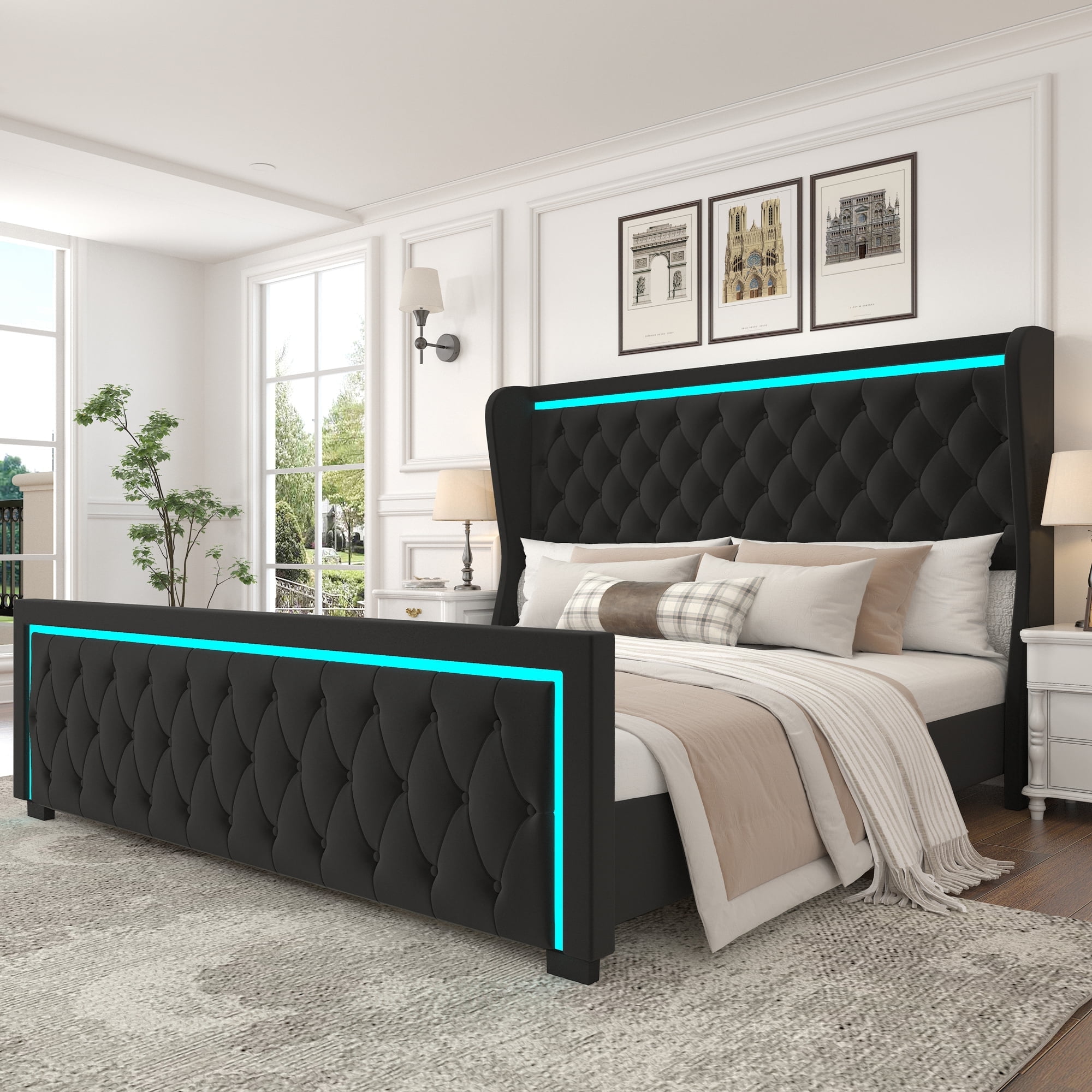 Queen Velvet Upholstered Platform Bed Frame with High Headboard, LED ...