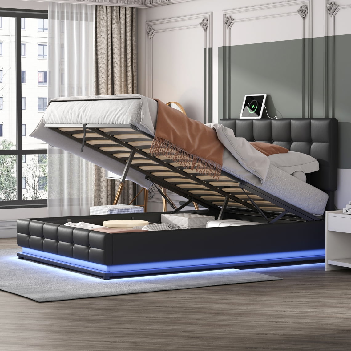 Queen Platform Bed Frame with Hydraulic Storage System, PU Upholstered