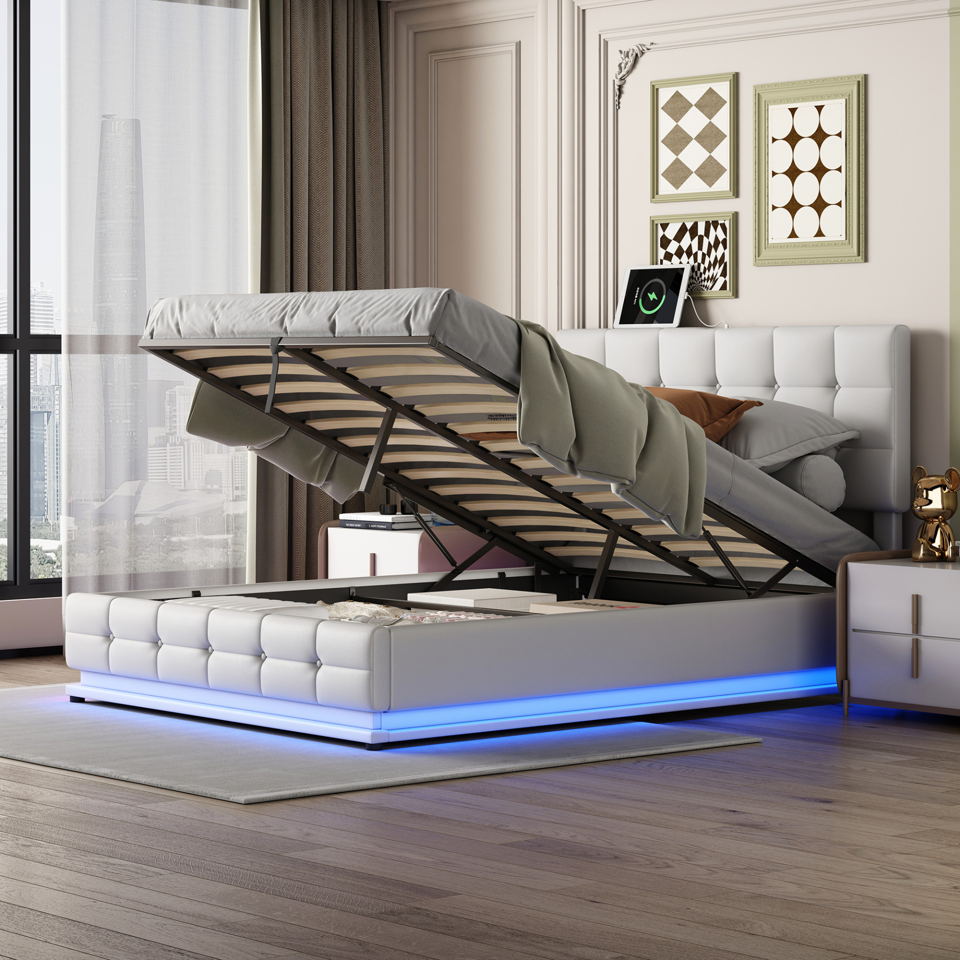 Queen Platform Bed Frame with Hydraulic Storage System, PU Upholstered