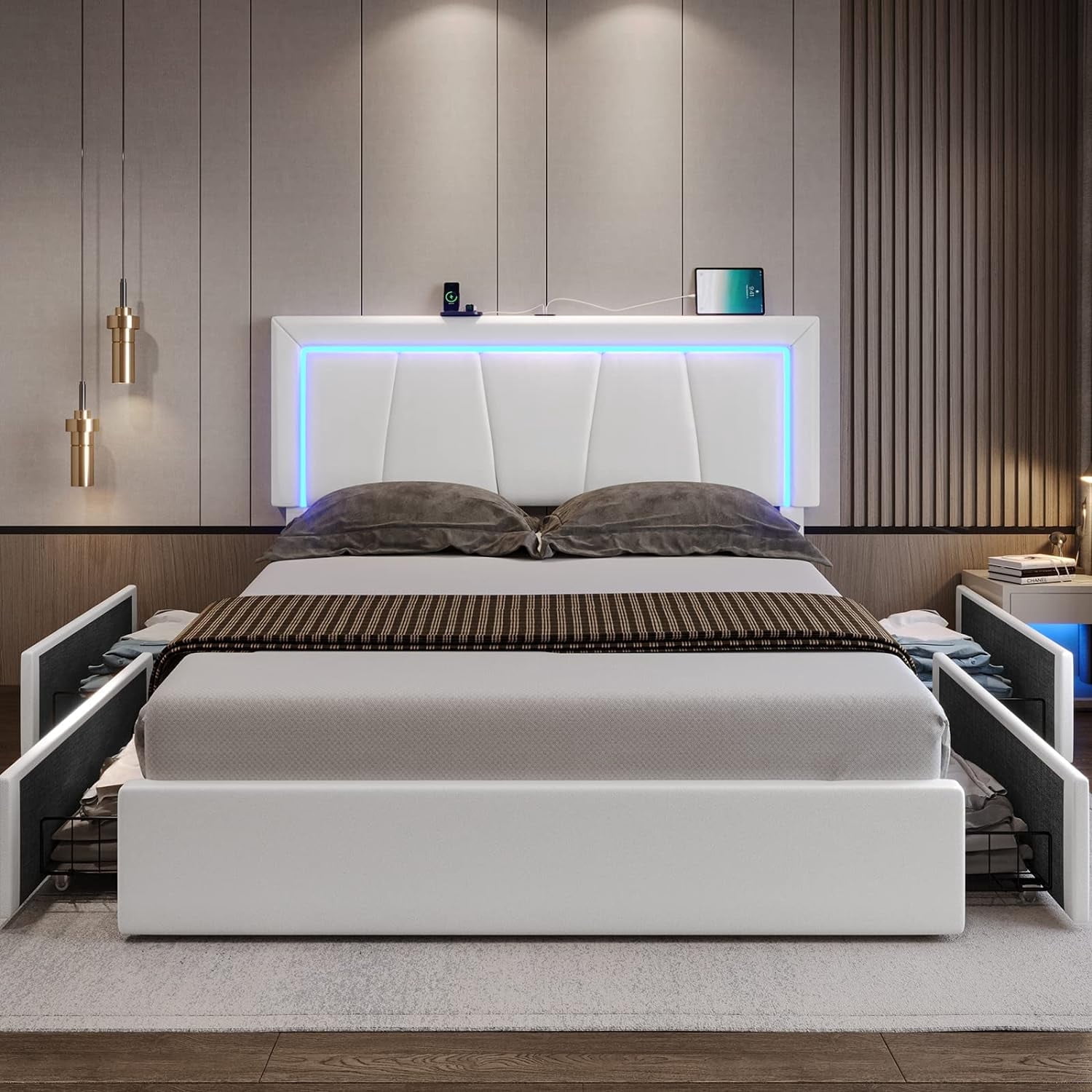 Queen Platform Bed Frame with LED Headboard&USB and Type-C Ports Modern Upholstered Bed Frame with 4 Storage Drawers,Faux Leather Bed Frame for Bedroom,White