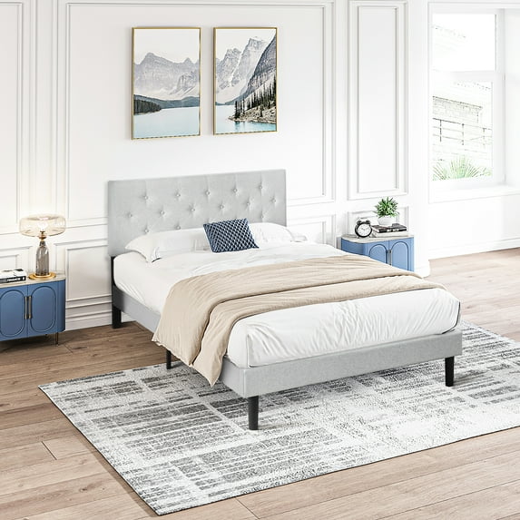 Queen Platform Bed Frame With Linen Headboard, No Box Spring, Easy Installation, Grey Color Size Upholstered Spring Requirement, Wood Slat Backbone, Assembly, Grey, 600lb Weight Tolerance