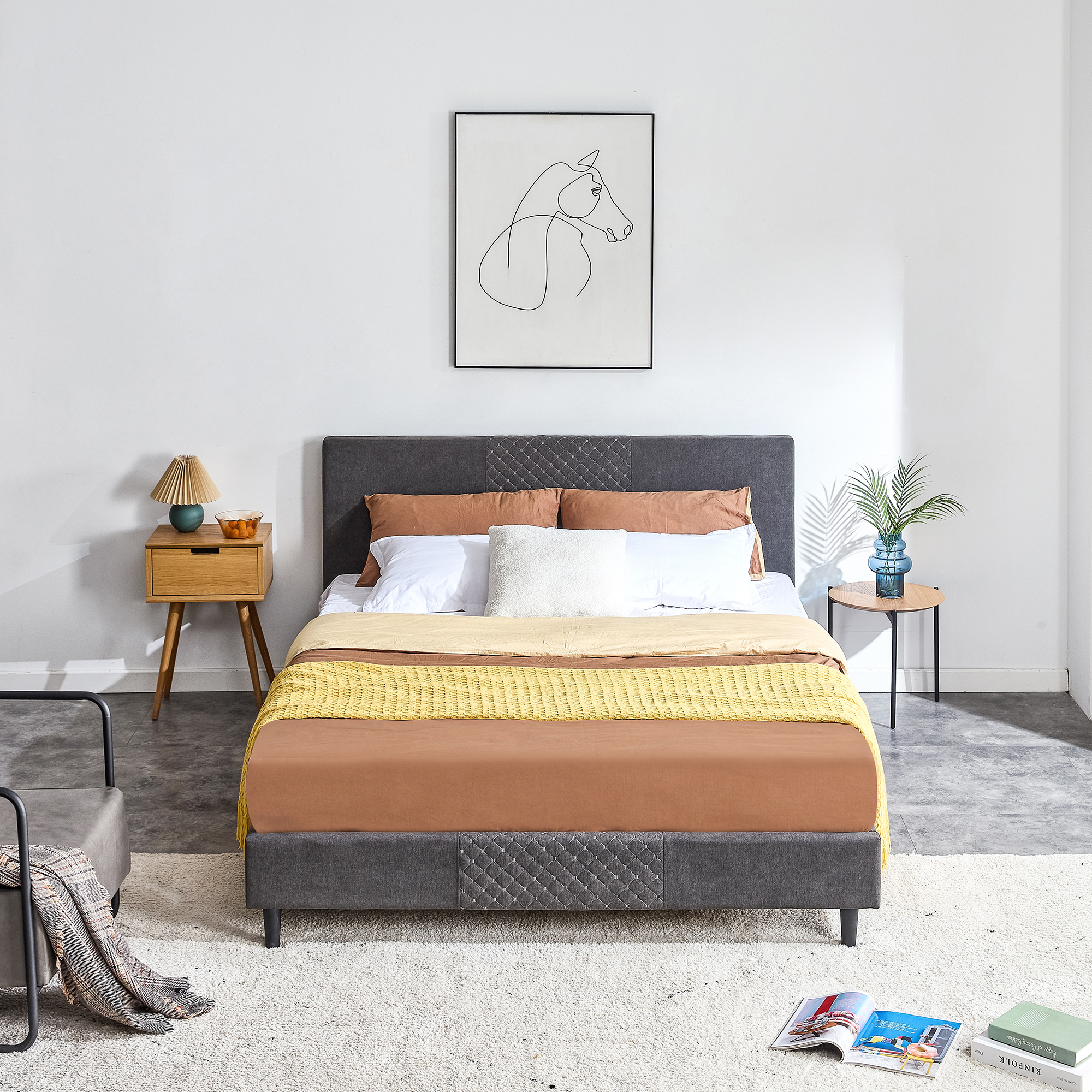 Queen Platform Bed Frame, Queen Size Bed Frame with Tufted Headboard