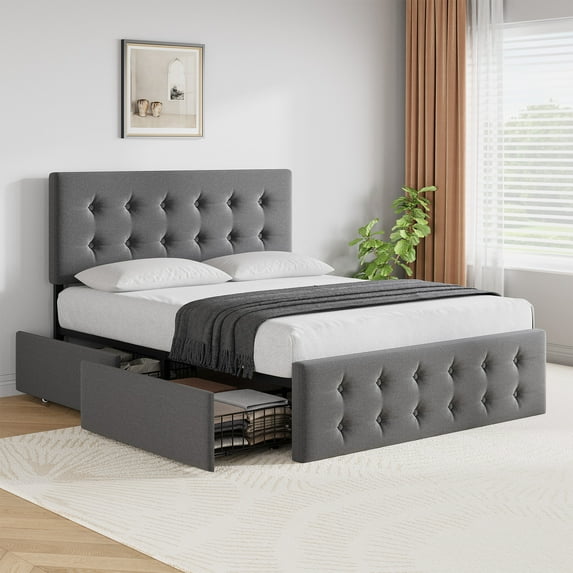 YUSAZENS Queen Platform Bed Frame Queen with Storage and 4 Drawers, Button Upholstered Bed Frame with Drawers and Headboard, Mattress Foundation with Wood Slat Support, No Box Spring Needed