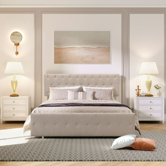 Queen Platform Bed Frame with Storage, Beige Linen Upholstered Metal Platform Bed with Headboard and Drawer, Modern Bedroom Furniture Queen Size Bed Frame, Holds 500 lbs, No Box Spring Needed, J3722
