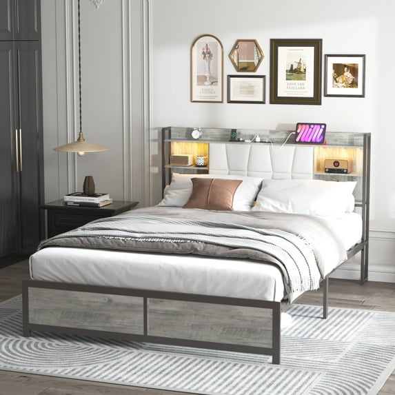 Queen Platform Bed Frame with Storage Headboard, Upholstered Queen Bed Frame with Charging Station and LED Light, Heavy Duty Frame Support, No Box Spring Needed, Noise Free