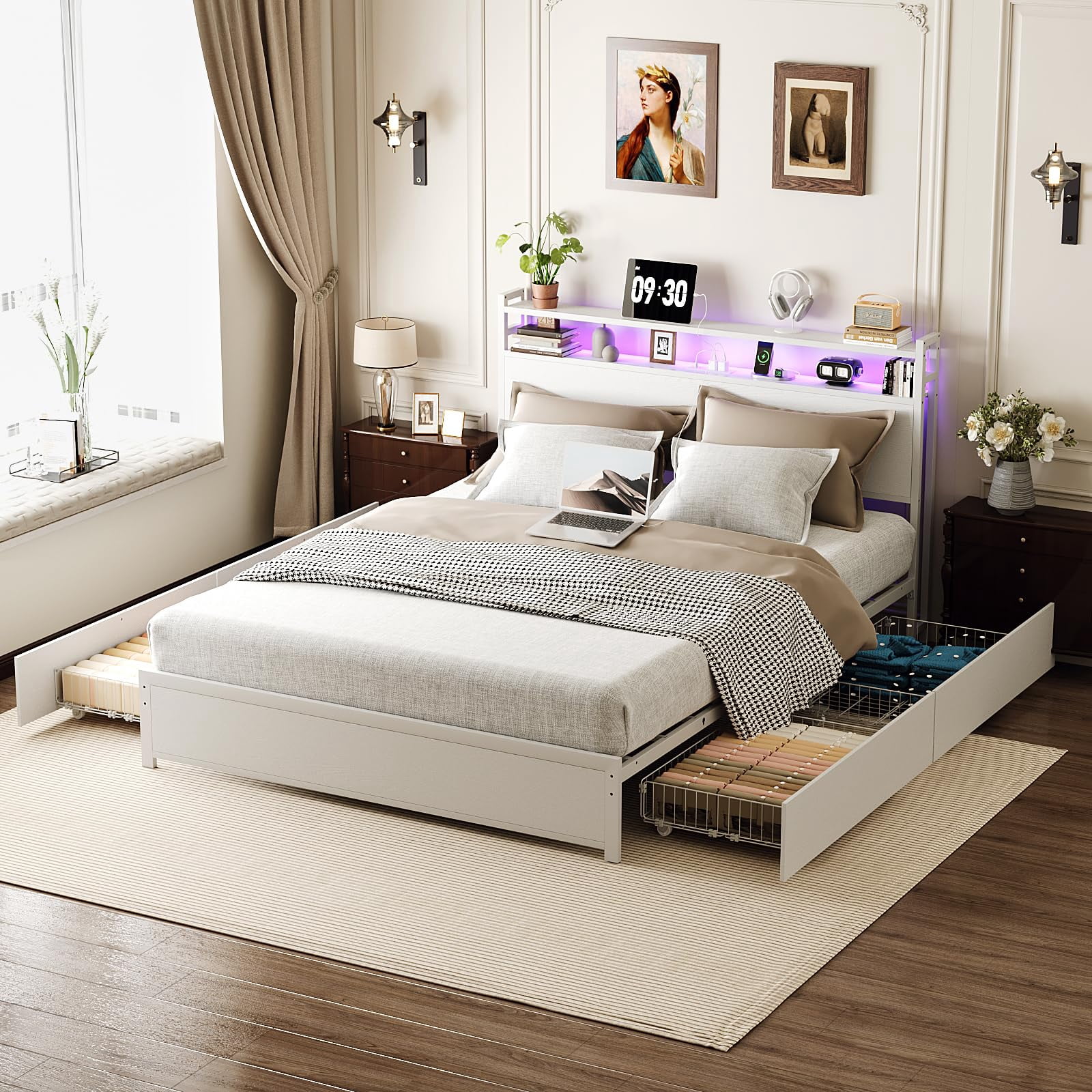 Queen Platform Bed Frame With 4 Stordrawers And Adjustable Headboard Sh ...