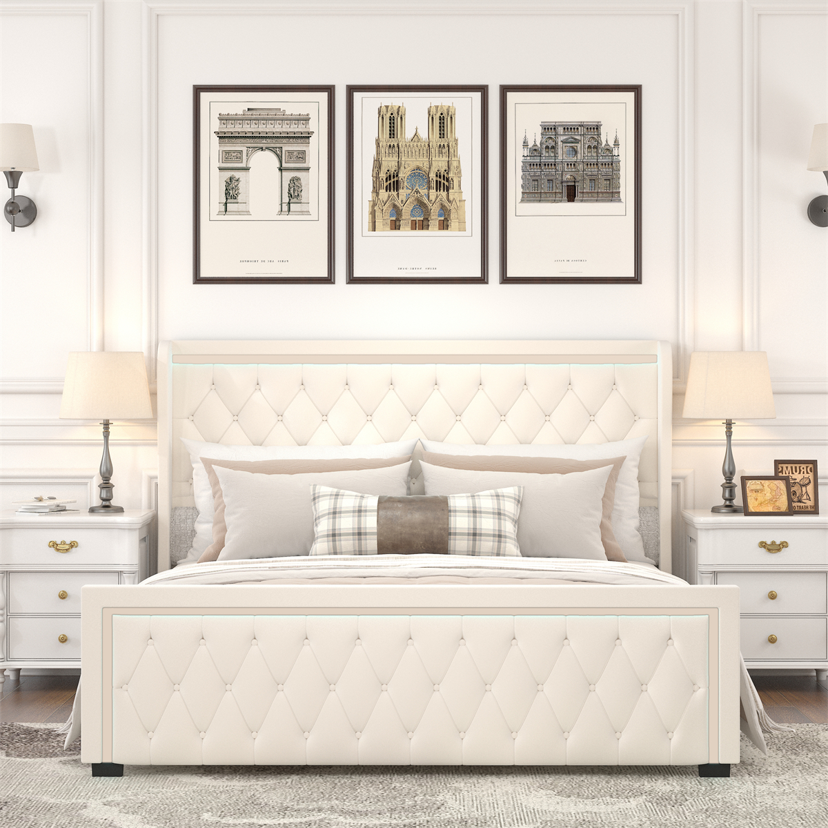 Queen Platform Bed Frame With High headboard,Handcrafted Upholstered ...