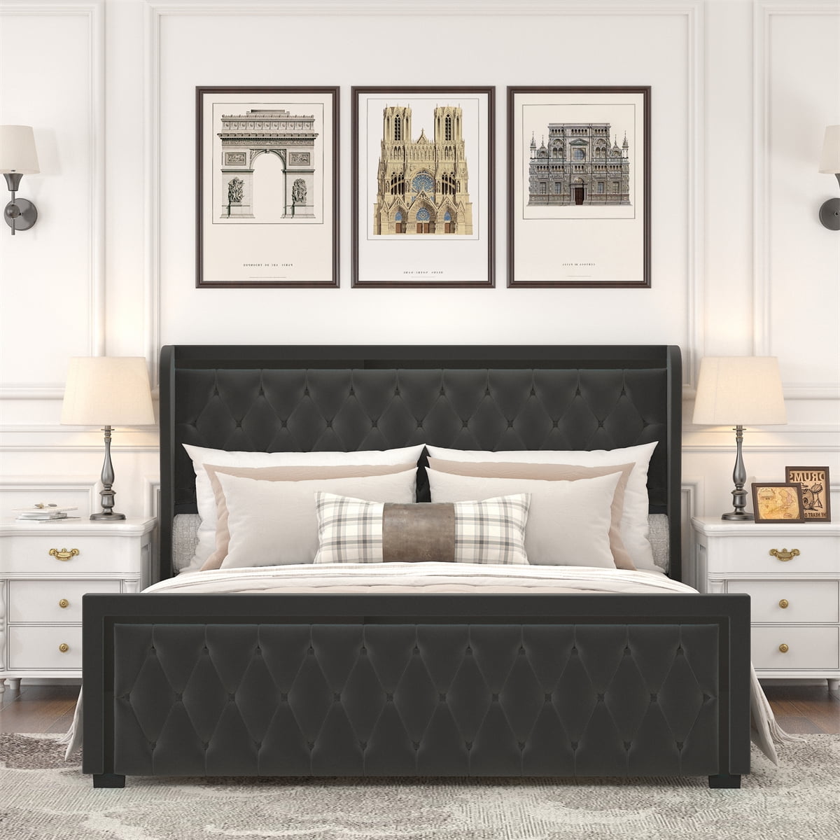Queen Platform Bed Frame With High headboard,Handcrafted Upholstered ...