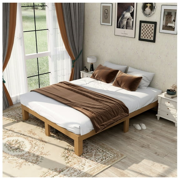 Queen Platform Bed Frame Wood, No Box Spring, Solid Wood Slats, 650lbs Capacity, Simple Design, Easy Assembly