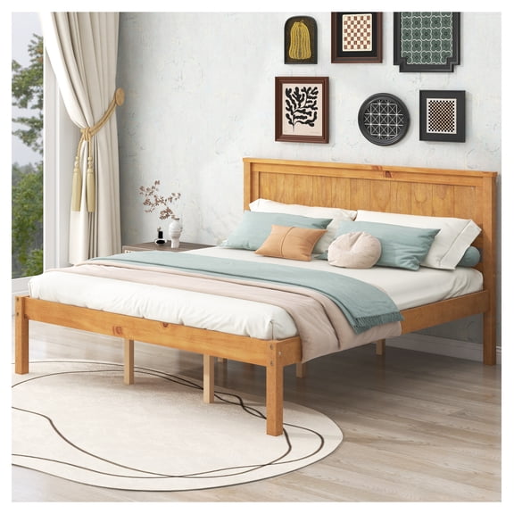 Queen Platform Bed Frame w/ Headboard, Oak, No Box Spring