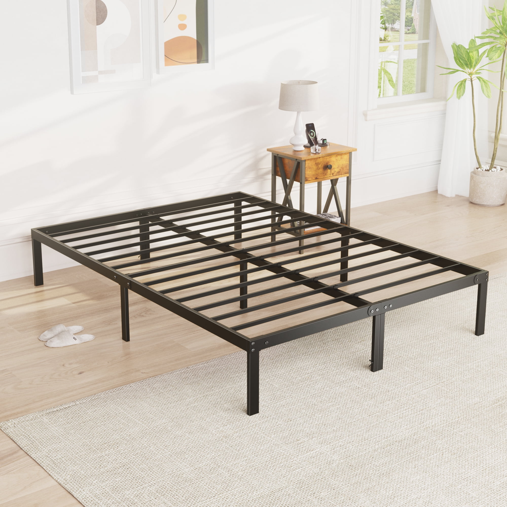 Queen Platform Bed Frame with Ample Storage Space, Sturdy Steel Slat Support, Heavy-Duty Construction, 14-Inch Height, No Box Spring Required - Walmart.com