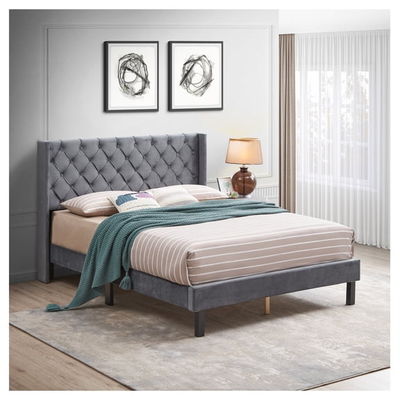 Queen Platform Bed Frame with Headboard - Button Tufted Upholstered Bed - Gray Wood Slat Support - Easy Assembly - No Box Spring Needed