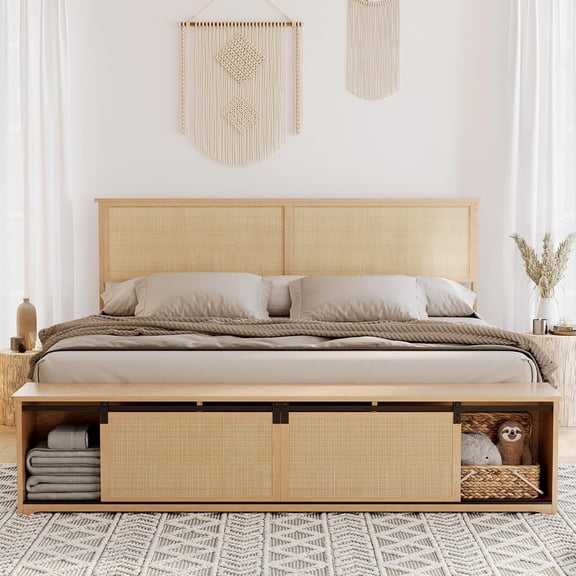 Queen Platform Bed Frame with LED Headboard and Sliding Barn Door Storage Boho Farmhouse