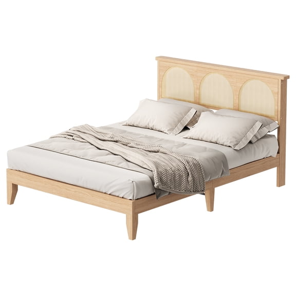 Queen Platform Bed Frame with Natural Rattan Headboard – LED Lighting, 8 Inch Storage, Sturdy Wooden Slats – No Box Spring Needed – Easy Assembly