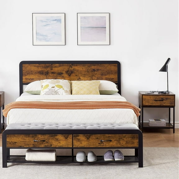 Queen Platform Bed Frame with Ottoman Storage, Vintage Wood Headboard, Metal Support, No Box Spring Needed, Grey