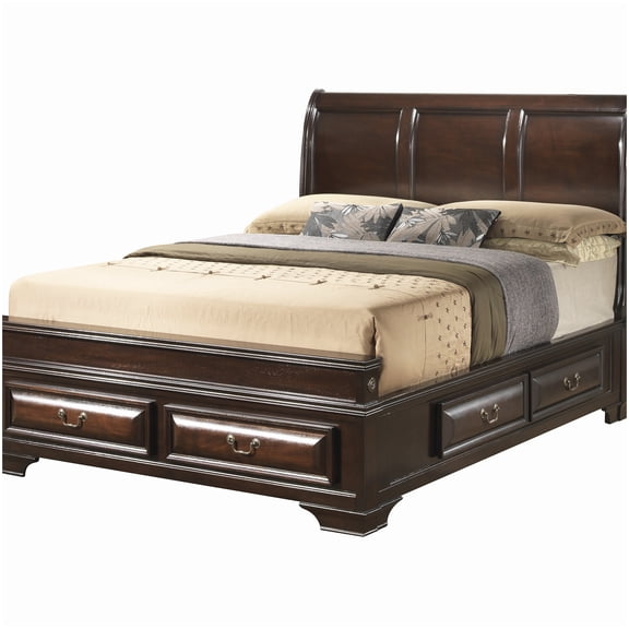 Queen Platform Bed Frame with Storage Drawers, Cappuccino Sleigh Design, No Box Spring