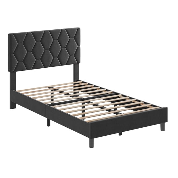 Queen Platform Bed Frame with Upholstered Headboard, Elegant Diamond Stitching Design, Solid Wood Slat Support, Noise-Free and Easy Assembly