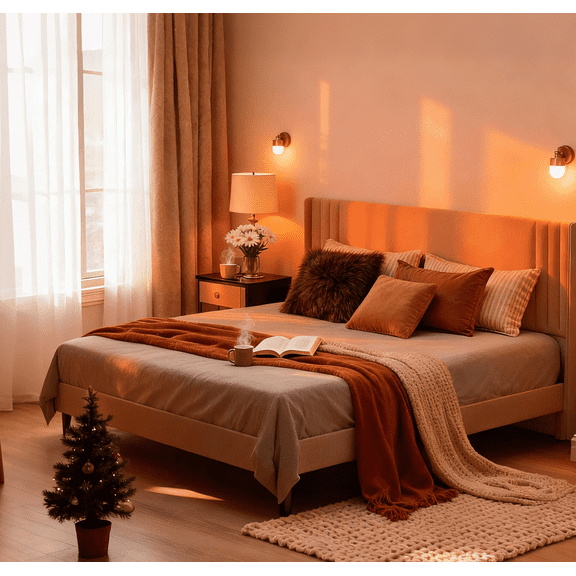 Queen Platform Bed Frame with Wingback Headboard, Beige